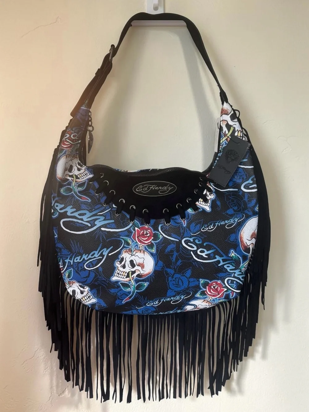 Ed Hardy Y2K Skull Rose Fringe Shoulder Bag Purse NWT
